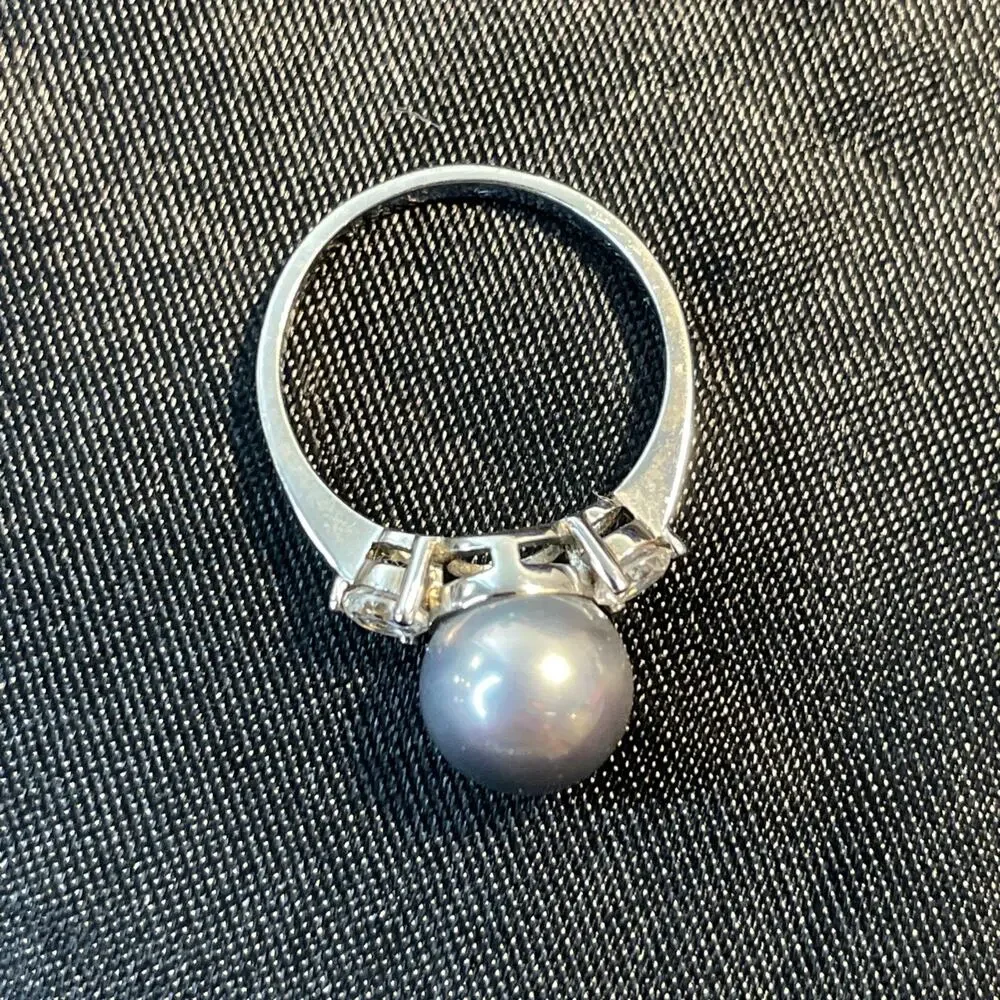Authentic ZALES 925 Sterling Silver Gray Pearl Three Stone Ring Sz 7
